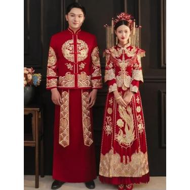 Imagem de JIMINISO Vestido de noiva tradicional noiva noiva casamento dragão fênix casal Xiuhe Tang terno top saia fantasia