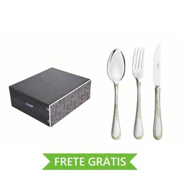 Imagem de Faqueiro Renascença 101 Peças em Aço Inox e Detalhes em Ouro com Facas de Mesa e Estojo de Madeira Tramontina 66929/232