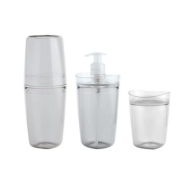 Imagem de Kit Banheiro Lavabo 3Pçs Genérico - Porta Escova Sabonete Líquido Algodão Cotonetes (Transparente)