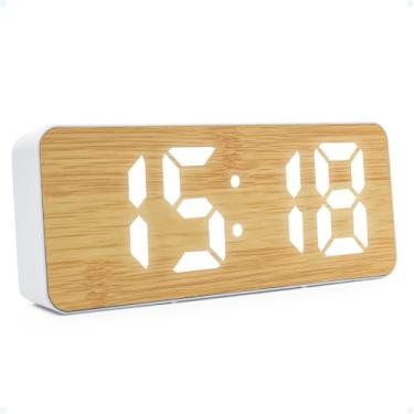 Imagem de Relogio Digital De Mesa Despertador Cabeceira Criado Mudo Display LED 12/24H Para Casa Quarto Escritório Setup Moderno Madeira Com Alarme Calendario, Branco