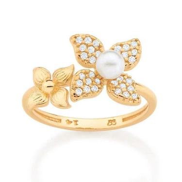 Imagem de Anel banhado ouro 3x 24k 18k e 22k feminino de pérola rommanel flor cr
