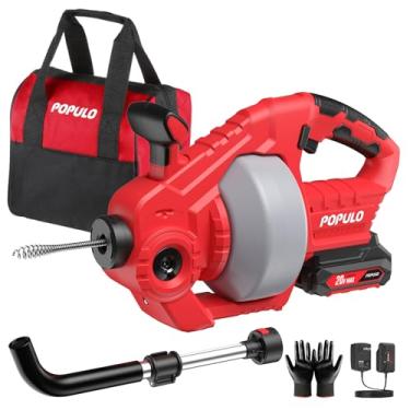 Imagem de POPULO Cobra de drenagem elétrica sem fio de 20 V, cabo substituível de 25 pés com bateria de 2,0 Ah, tubo de extensão e carregador, ferramenta de remoção de entupimento de ralo de cobra para vaso