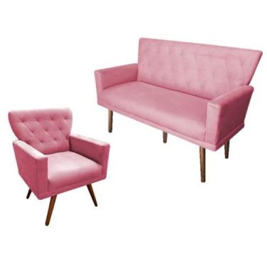 Imagem de Kit Namoradeira + 1 Poltrona Decorativa Aurora Suede Rosa Pés Madeira 