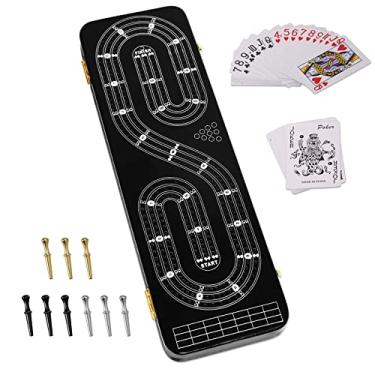 Imagem de Cribbage Board Game Set 3 Tracks, 2 Storage Area, with 9 Metal Pegs,2 Decks of Playing Cards and Instruction, Wooden Travel Portable Cribbage Game Sets