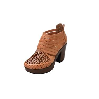 Imagem de Macarena Collection Sandália feminina flatform Wedge casual Huarache couro colorido estilo mexicano feito à mão até o tornozelo 4292, Bronzeado, 37