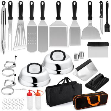 Imagem de Leonyo Conjunto de Acessórios para Grelha de 25, Espátulas de Metal para Grelha de Aço Inoxidável Resistente para Ferro Fundido de Topo Plano Teppanyaki Hibachi Cooking, Prensa de Hambúrguer, 2 Cúpula