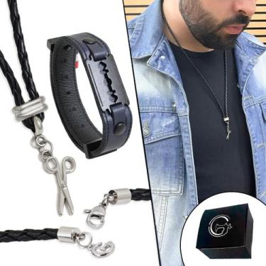 Imagem de Kit Colar Couro Navalha Barbearia Pulseira Couro Lâmina - GRANADO ACES