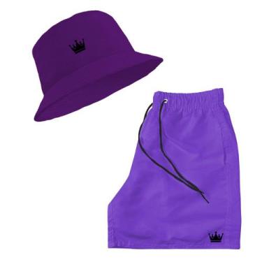 Imagem de Short Praia + Chapeu Bucket Hat Masculino Colorido Com Cordao Preto - 