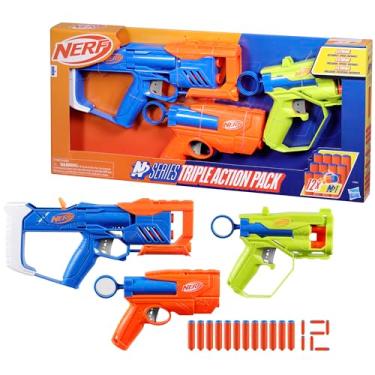 Imagem de Nerf N Series Kit Triple Action com 3 lançadores e 12 dardos de espuma, brinquedos para meninos e meninas, brinquedos de Natal para adolescentes e crianças acima de 8 anos