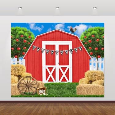 Imagem de Pano de fundo para porta de celeiro de fazenda, 3 x 2,4 m, decoração de faixa de festa de aniversário rústica vermelha com fundo de porta de celeiro com tema de fazenda, acessórios de estúdio