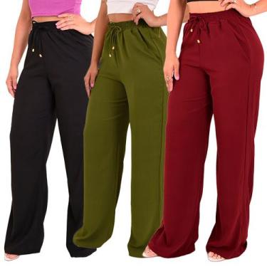 Imagem de Kit 3 Calça Pantalona Feminina Cintura Alta Tendência Larga Altíssima 