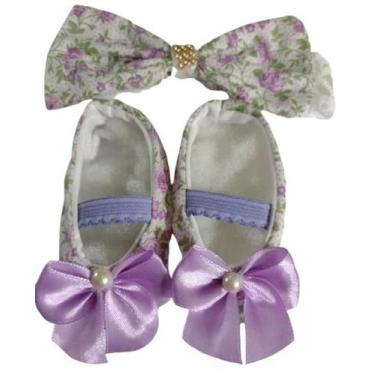 Imagem de 1 Kit faixa com sapatinho bebê menina - Duda Baby Shop, Lilás estampad