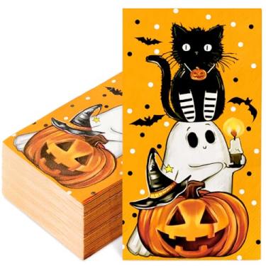 Imagem de JarThenaAMCS 100 guardanapos de papel de Halloween para convidados de gato preto abóbora fantasma guardanapos de banheiro laranja descartável guardanapo de toalha de mão para suprimentos de festa em