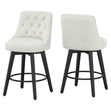 Imagem de AMICLIBER Banquetas giratórias com altura para balcão, conjunto de 5 cm com encosto e assento redondo, banquetas estofadas de tecido de linho com pernas de madeira para ilha de cozinha, sala de