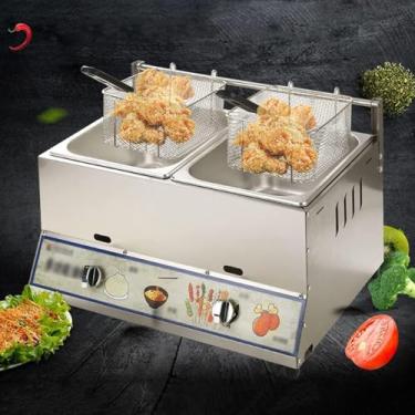 Imagem de Fritadeira comercial a gás 16L com 2 tanques, máquina de fritar de cozinha de bancada com cestos e tampas, fritadeira a gás para restaurantes domésticos, asas de frango, batatas fritas