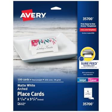Imagem de Avery Cartões de lugar arqueados imprimíveis com tecnologia Sure Feed, 6 cm x 9 cm, brancos, 100 cartões de barraca em branco para impressoras a laser ou jato de tinta (35700)