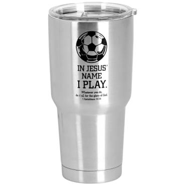 Imagem de Dicksons SSTUM-143 Bola de futebol em nome de Jesus I Play - 1 Corinthians 10:31-8 polegadas - 850.5 g prata e preto aço inoxidável e plástico isolado caneca de viagem com tampa