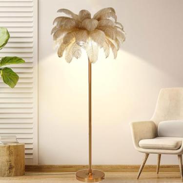 Imagem de Luminária de chão, luminária de pé nórdica, lâmpadas de piso de penas de 160 cm de altura com acabamento dourado e interruptor de pé, lâmpadas de penas reguláveis para quartos e sala de estar
