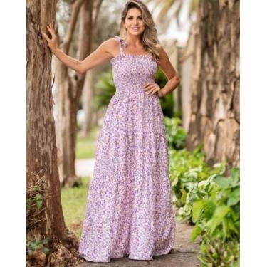 Imagem de Vestido longo feminino Lastex Floral Azul , Lavanda,Pink, verde, P, M,