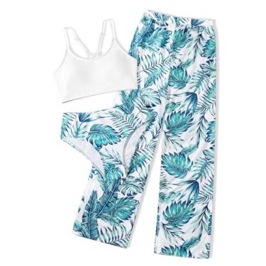 Imagem de NECIOUS Biquíni para meninas, biquíni de 3 peças, roupa de banho floral tropical com calça de saída de praia 7 a 16 anos, Branco, azul, 9-10 Anos