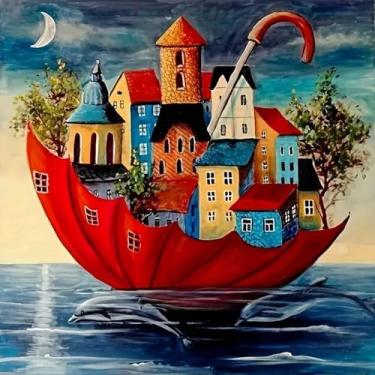 Imagem de CXYQLC Kits de pintura de diamante 5D DIY para adultos, arte de diamante, guarda-chuva, casa no mar, pintura de diamante, broca completa, kits de artesanato para decoração de parede de casa, presentes
