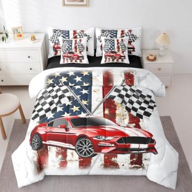 Imagem de Conjunto de edredom de carro de corrida vermelho, solteiro, bandeiras de corrida, quadriculadas, esportes radicais, bandeira americana, mármore branco, grafite, 7 peças (edredom + lençol de cima +