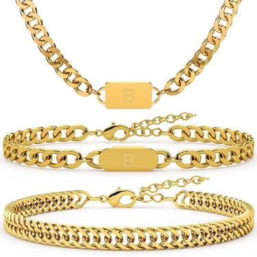 Imagem de Aospkle Pulseira de colar cubano com letra inicial de 3 peças, pingente de letra A-Z, aço inoxidável, prata, ouro, preto, corrente de elos cubanos, para homens e mulheres, conjunto de joias para ele e