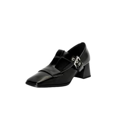 Imagem de TinaCus Sapato feminino de couro legítimo, bico quadrado, feito à mão, fivela, salto médio, grosso, estiloso, Mary Jane, Preto, 36