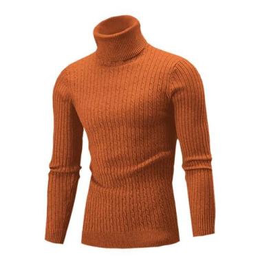 Imagem de Suéter masculino QZH.DUAO, gola alta, cabo fino, tricotado em caramelo