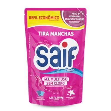 Imagem de Tira Manchas Sem Cloro Multiuso Em Gel Sachê Saif 1,2L, Removedor De Manchas Multiuso, Rosa, Mais Poderoso Na Remoção De Manchas, Roupas Brancas E Coloridas, Embalagem Econômica
