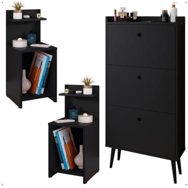 Imagem de Kit Quarto 2 Mesas Cabeceira Mesinha Fantasy Lateral Cama Sapateira Vertical Dark Organizadora Calçados Unissex Preto - Lojas RPM