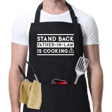 Imagem de Avental de cozinha Stand Back Father-in-Law is Cooking - Roupa divertida para churrasqueira masculina - Ideia de presente de aniversário para churrasco Aventais para sogro - Avental de grelhar