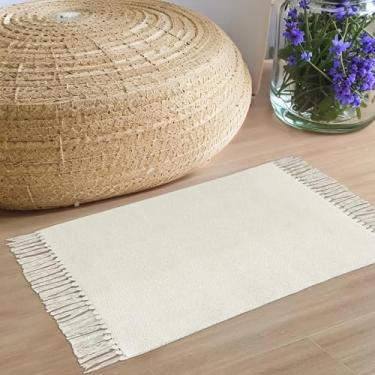 Imagem de USTIDE Tapete de banheiro branco pequeno, 5 x 7 cm, capacho frontal tecido à mão, branco/bege, tapete de cozinha de algodão lavável, reversível para casa de fazenda, para decoração de hall de entrada,