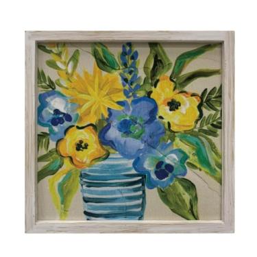 Imagem de Transpac Elegante Decorativa Placa de Parede Arte MDF e Tecido Decoração de Parede para Casa, Escritório e Sala de Estar Estilos Rústico, Moderno ou Tradicional, Vaso Floral Azul Ingido Boquet