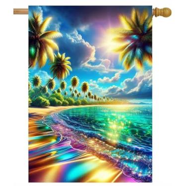 Imagem de ShineSnow Bela paisagem de verão praia palmeiras beira-mar luz solar casa bandeira 71.1 cm x 101.6 cm dupla face poliéster bem-vindo grande quintal jardim bandeira bandeiras para pátio gramado casa
