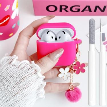 Imagem de Linda capa rosa rosa para Airpods 4 para meninas e mulheres com berloques de flores pompom, chaveiro e kit de limpeza, silicone macio Airpods iPod 4ª geração capa protetora para Airpod 4 2024