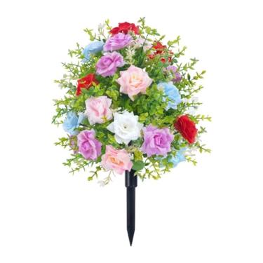 Imagem de Qianly Rosas falsas de flores artificiais com fogueira de estaca de terra buquê Memorial para vara, Multicolorido