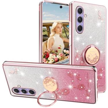 Imagem de Ephoou Capa para Samsung Galaxy A36 5G com suporte de anel, flores de diamante brilhantes brilhantes design floral com glitter capa de silicone TPU macio transparente para Samsung A36 HSF-rosa