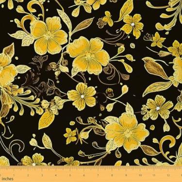 Imagem de Feelyou Flower Fabric by The Yard 1 jarda Floral Botânico Decorativo Impermeável Tecido Exterior Padrão Flores Flor Tecido Estofado para Cadeiras Dourado Preto DIY Reestofamento Tecido