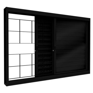 Imagem de Janela de Aço Veneziana de Correr Lateral 3 Folhas com Grade Quadrada e Fecho Embutido 100x150 Preto