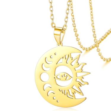 Imagem de VASSAGO Colar com pingente de sol e lua, lua crescente e estrela, simples, moderno, fofo, joias, presentes para mulheres e homens, Adjustable, Aço inoxidável, Sem Pedra Preciosa