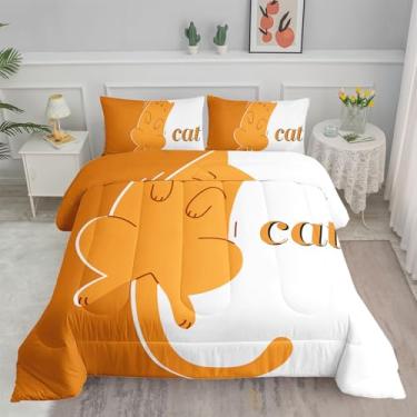 Imagem de Smell Sunshine Conjunto de edredom de gato laranja com estampa de animal com 1 edredom e 2 fronhas para quarto de meninos e meninas, todas as estações (gato queen)