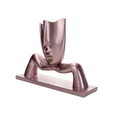 Imagem de Escultura Decorativa Máscara Com Base Em Cerâmica Rosa Metal 23x30 Cm - D'rossi