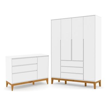 Imagem de Jogo de Quarto Infantil Nature Clean Guarda Roupa 4 Portas e Cômoda com Porta - Matic Móveis Branco Soft/Eco Wood