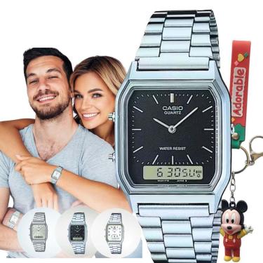 Imagem de Relógio Pulso Casio Unissex Vintage Feminino Masculino Pequeno Quadrado Digital Analógico Prova Dágua 3 ATM Prata AQ-230A + Chaveiro