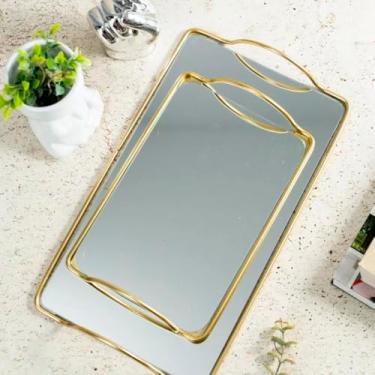 Imagem de Bandeja Espelhada Com Alça Metal Dourado Lavabo Perfumes Maquiagem Decoração Wishlist