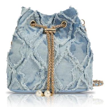 Imagem de Hkufpq Bolsas jeans femininas envelhecidas, jeans, baldes, acolchoadas, crossbody, bolsa de ombro pequena, bolsa de mão com cordão, Azul