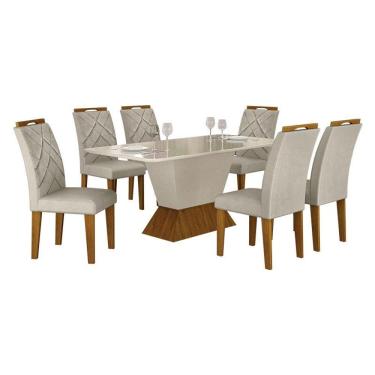 Imagem de Mesa De Jantar Larissa 180x90 Off White Freijó Com 6 Cadeiras Mdf Freijó Joli Palha - Leifer Móveis