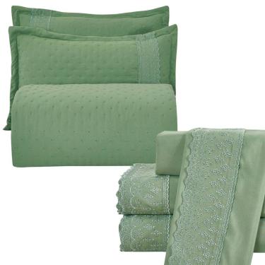Imagem de Kit Cobre Leito Casal Padrão + Jogo De Lençol Micropercal 300 Fios Com Bordado Inglês Santorini 7 Peças - Verde Militar