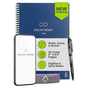 Imagem de Rocketbook Caderno espiral reutilizável New Core, tamanho executivo 15 x 21 cm, azul marinho - páginas forradas, conectadas a aplicativos, apagável, capa durável, ideal para escola, trabalho e